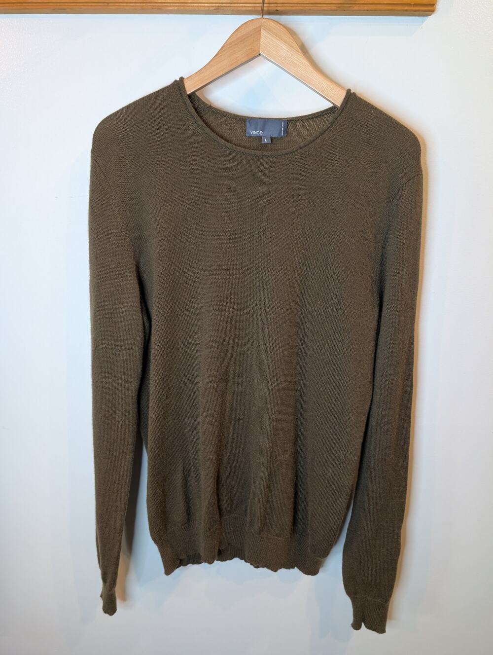 Vince Wool Blend Crewneck Sweater Olive Green Army Ribbed Knit Classic Large